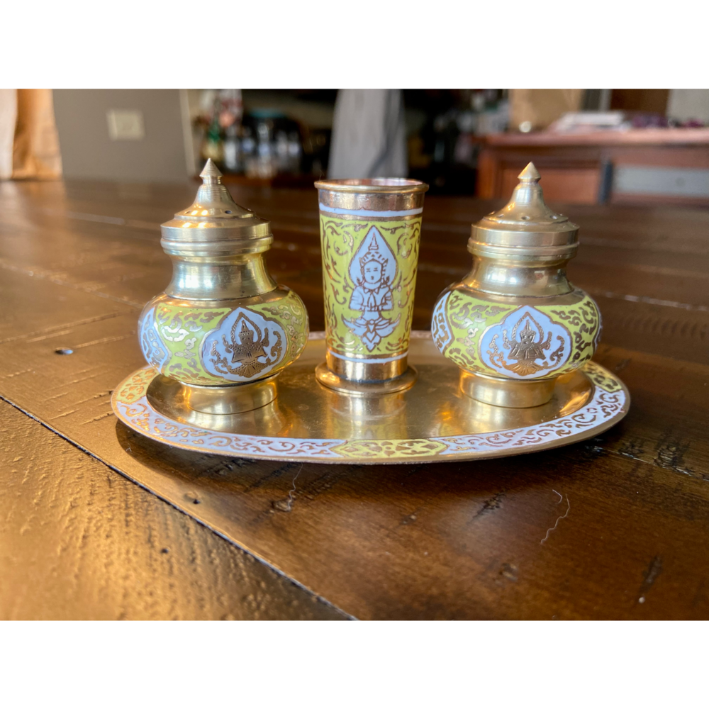 Vintage Enameled Brass Salt & Pepper Set